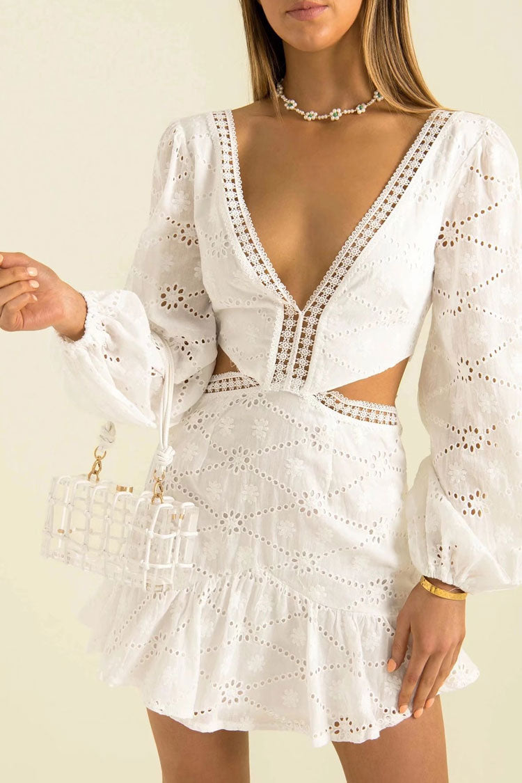 White Deep V-Neck Long Sleeve Broderie Anglaise Cutout Ruffle Mini Dress