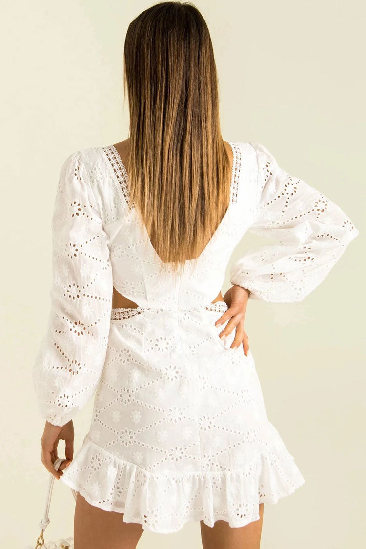 White Deep V-Neck Long Sleeve Broderie Anglaise Cutout Ruffle Mini Dress