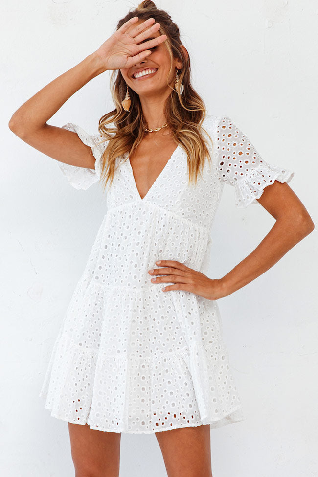 White Deep V-Neck Broderie Anglaise Flutter Sleeve Tiered Babydoll Mini Dress 2