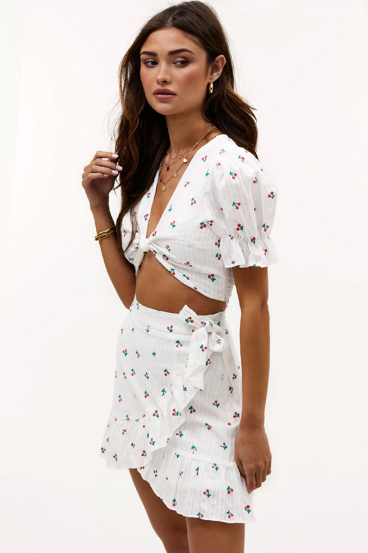 White V-Neck Cherry Print Puff Sleeve Tie Front Ruffle Two Piece Set