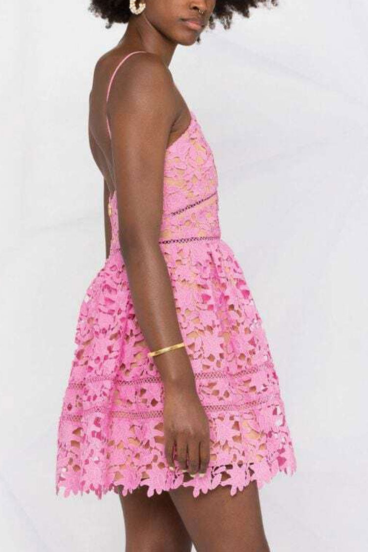 Bubblegum Pink Spaghetti Strap V-Neck Floral Guipure Lace Fit and Flare Mini Dress