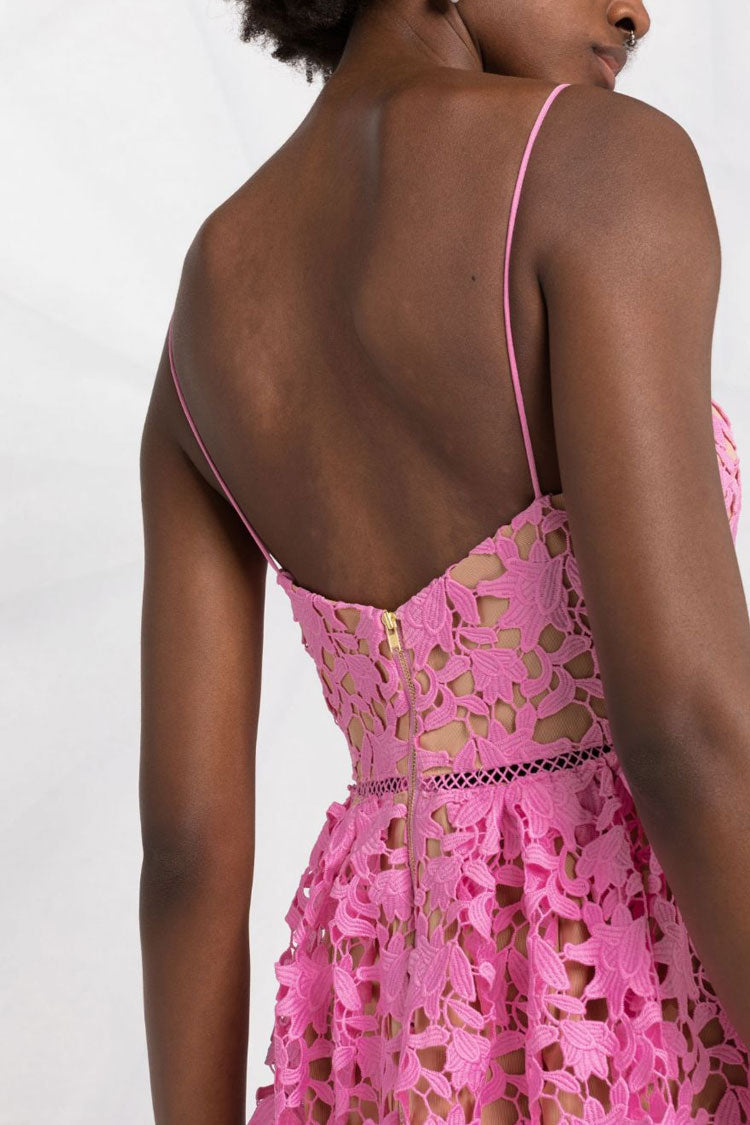 Bubblegum Pink Spaghetti Strap V-Neck Floral Guipure Lace Fit and Flare Mini Dress