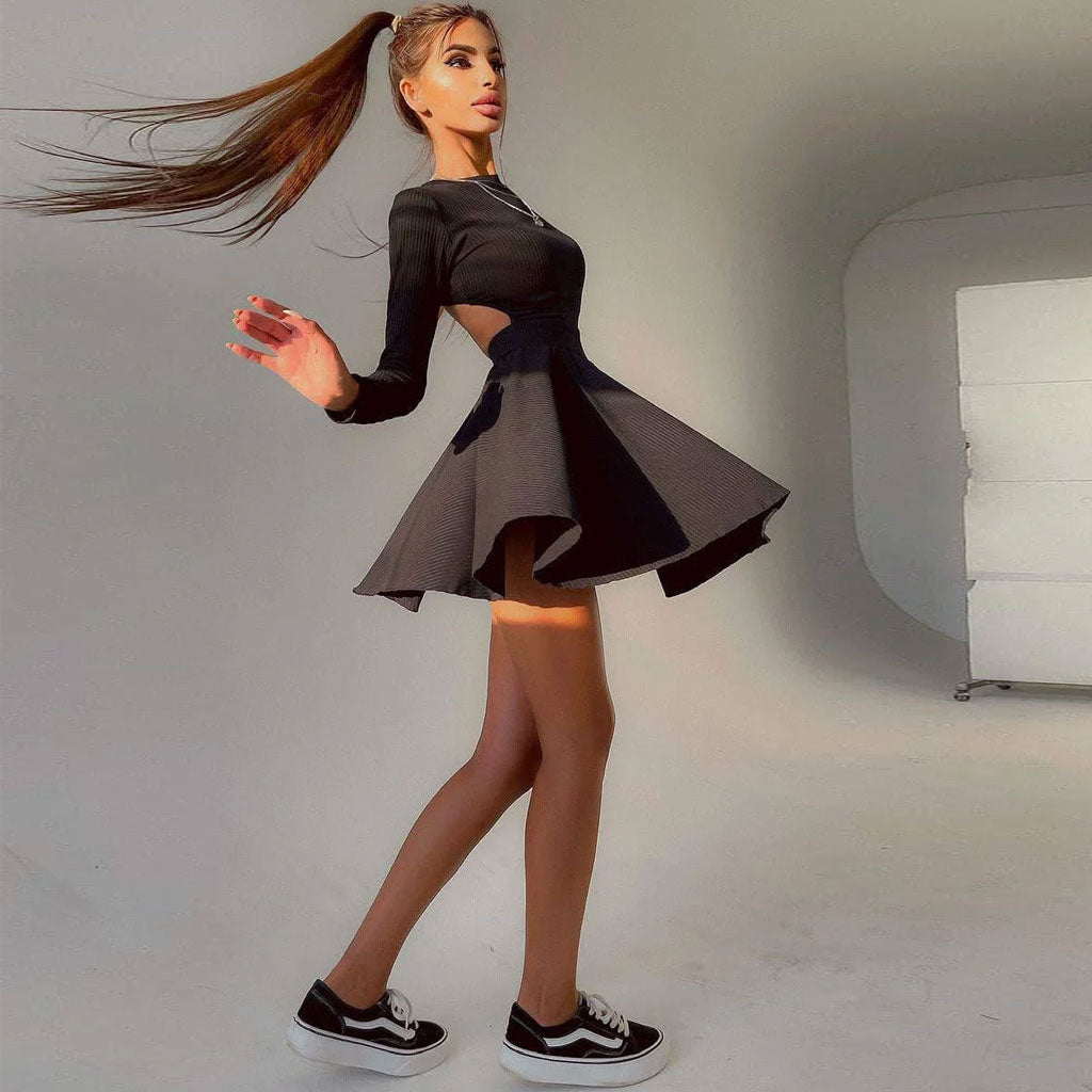Black Mock Neck Long Sleeve Ribbed Knit Skater A-Line Mini Dress