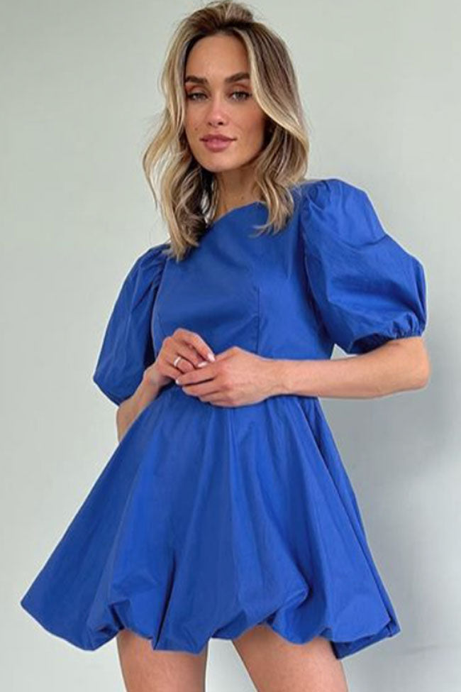 Blue Round Neck Puff Sleeve Fit and Flare Bubble Hem Mini Dress
