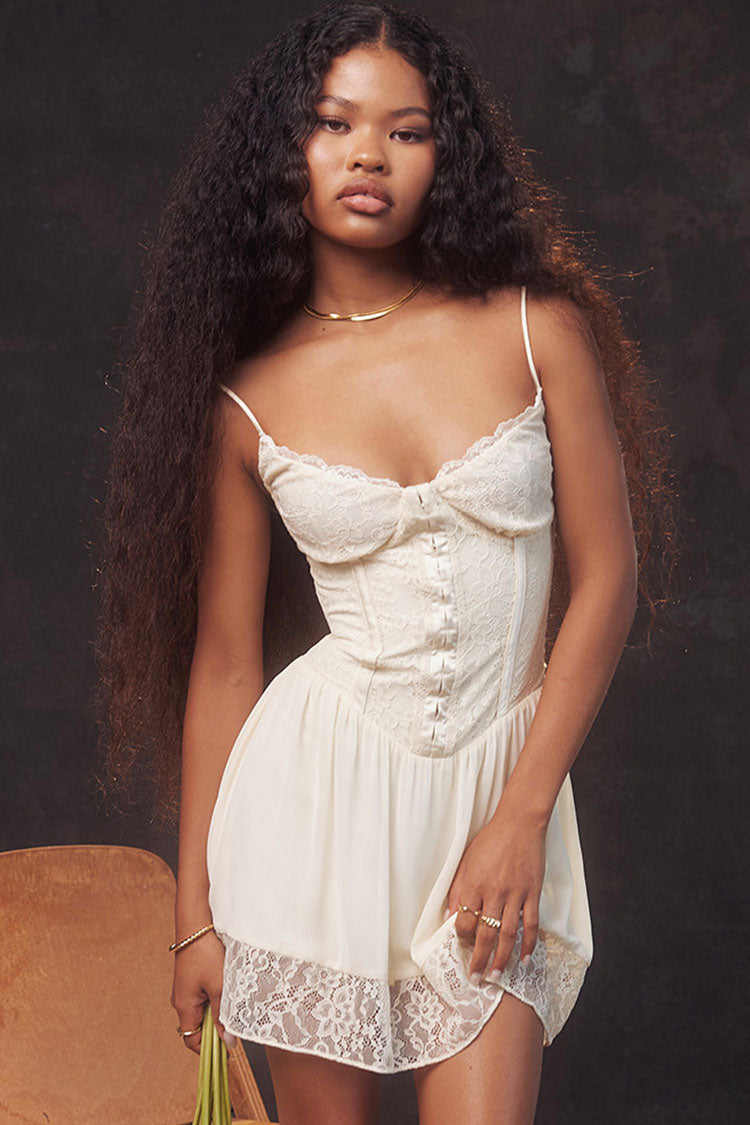 Sweet Scalloped Lace Bustier Sleeveless Drop Waist Mini Summer Sundress - White