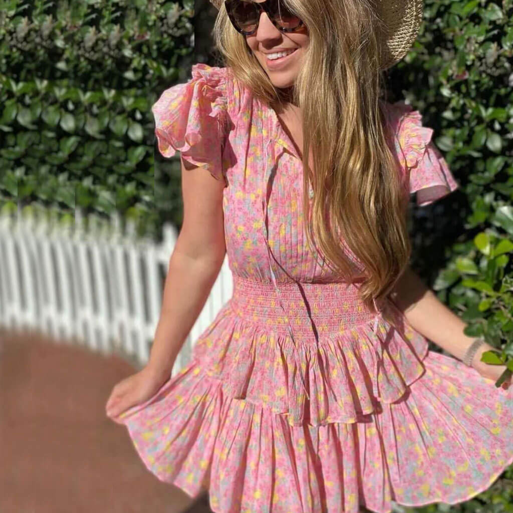 Pink V-Neck Ruffle Sleeve Floral Smocked Tiered A-Line Mini Dress