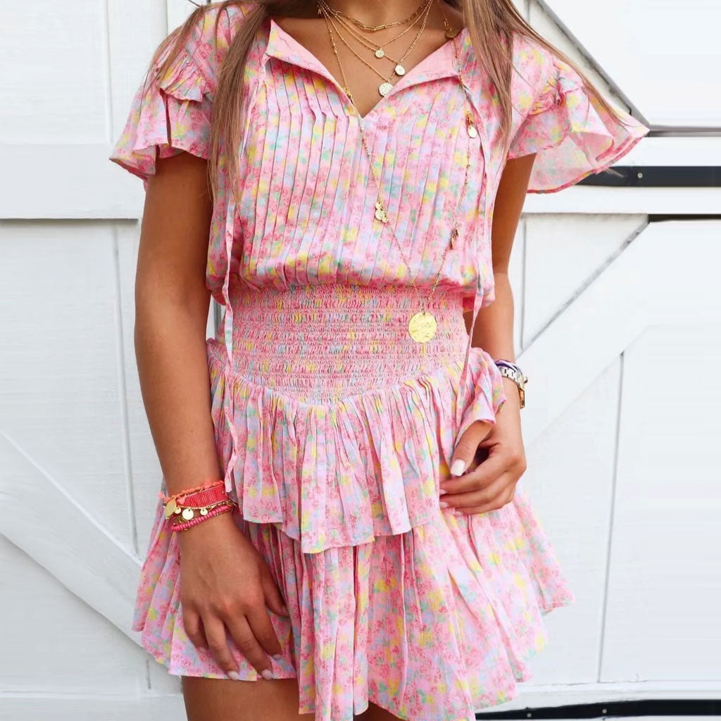 Pink V-Neck Ruffle Sleeve Floral Smocked Tiered A-Line Mini Dress