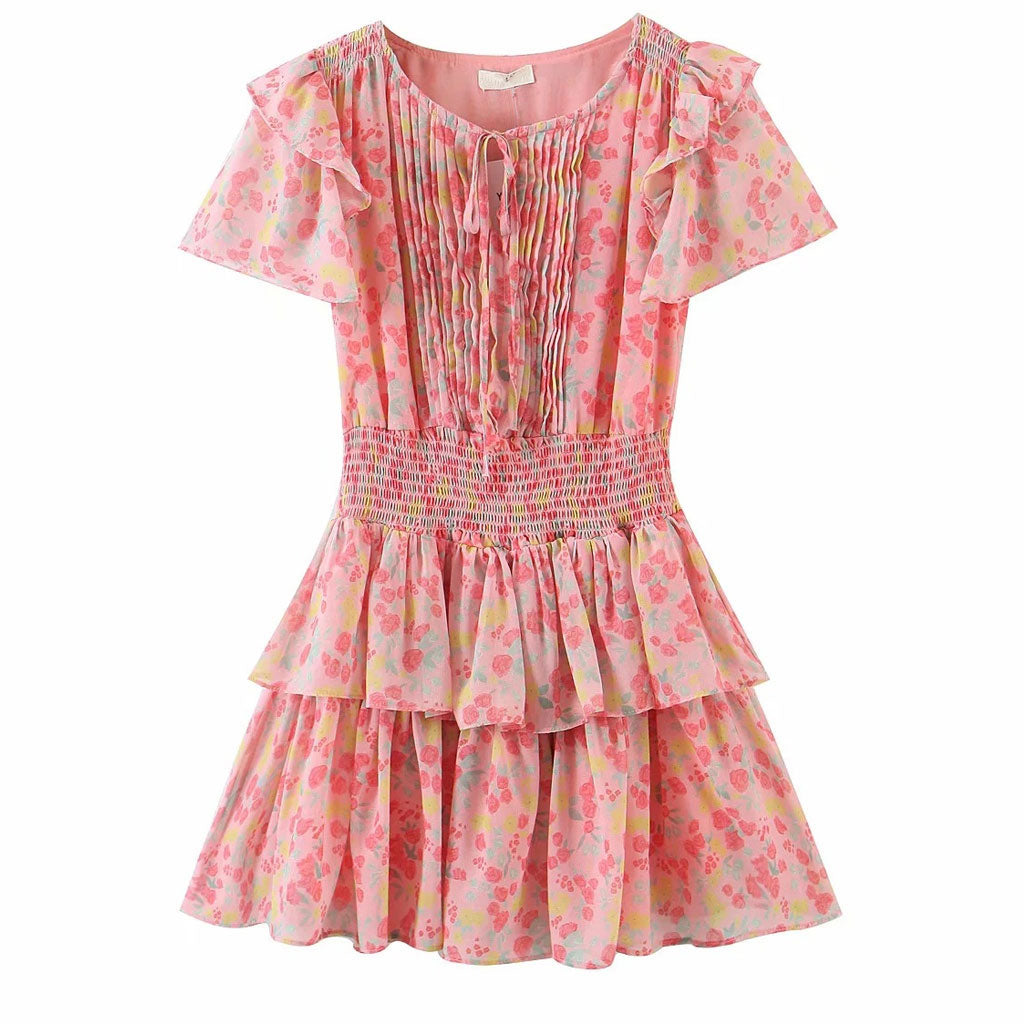 Pink V-Neck Ruffle Sleeve Floral Smocked Tiered A-Line Mini Dress