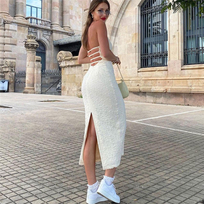 White Halter V-Neck Textured Ruched Low Back Bodycon Midi Dress