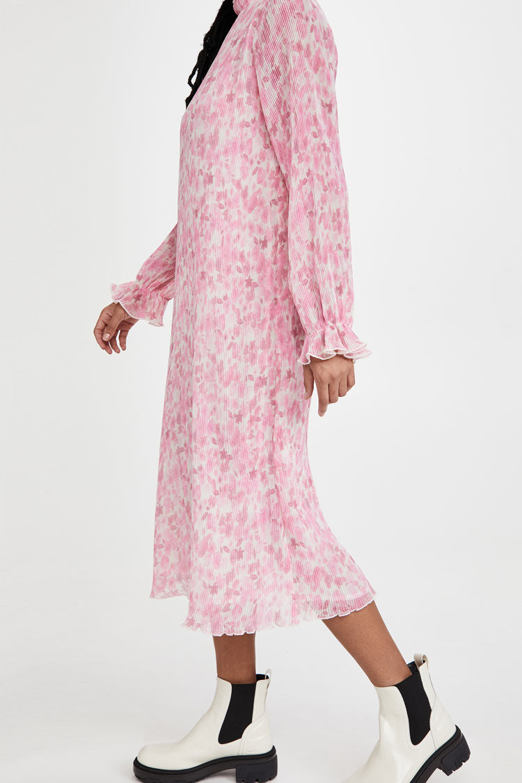 Pink Ruffle High Neck Long Sleeve Pleated Floral Print Chiffon Midi Dress