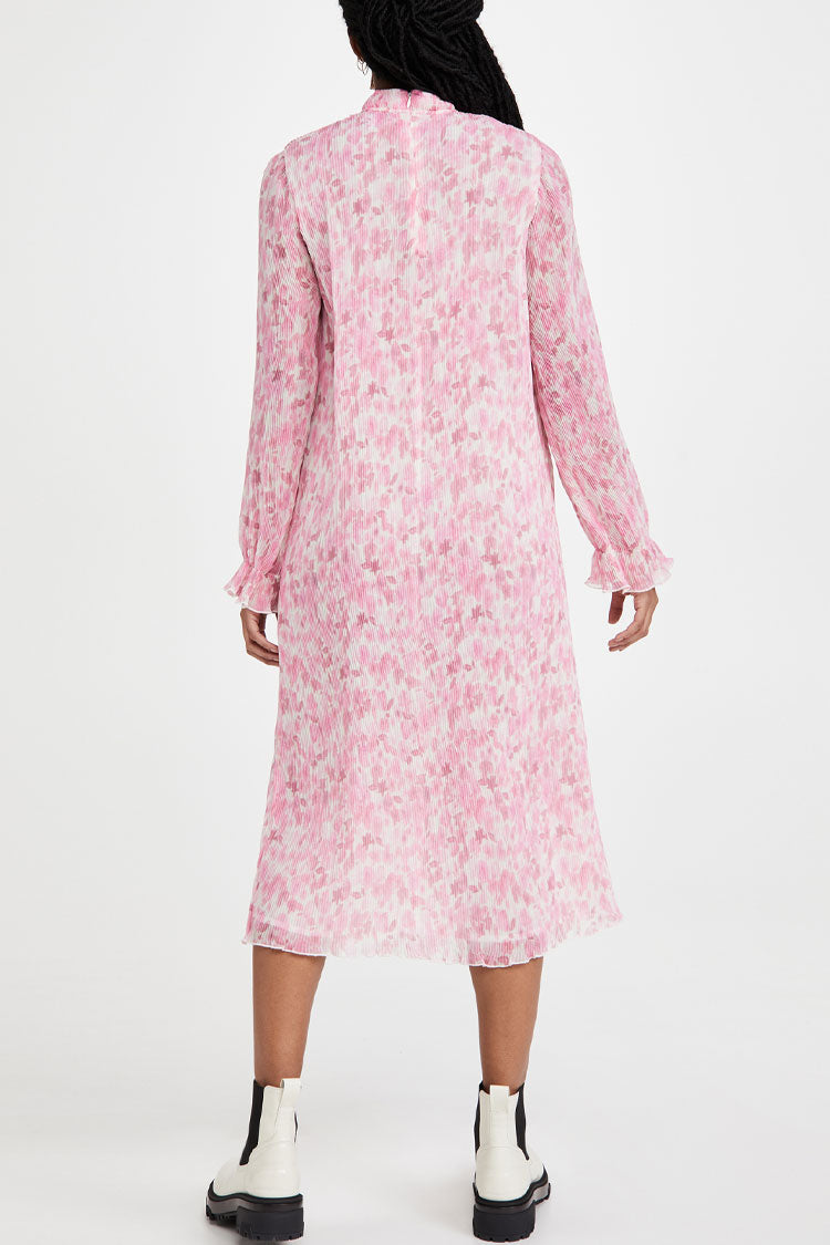 Pink Ruffle High Neck Long Sleeve Pleated Floral Print Chiffon Midi Dress