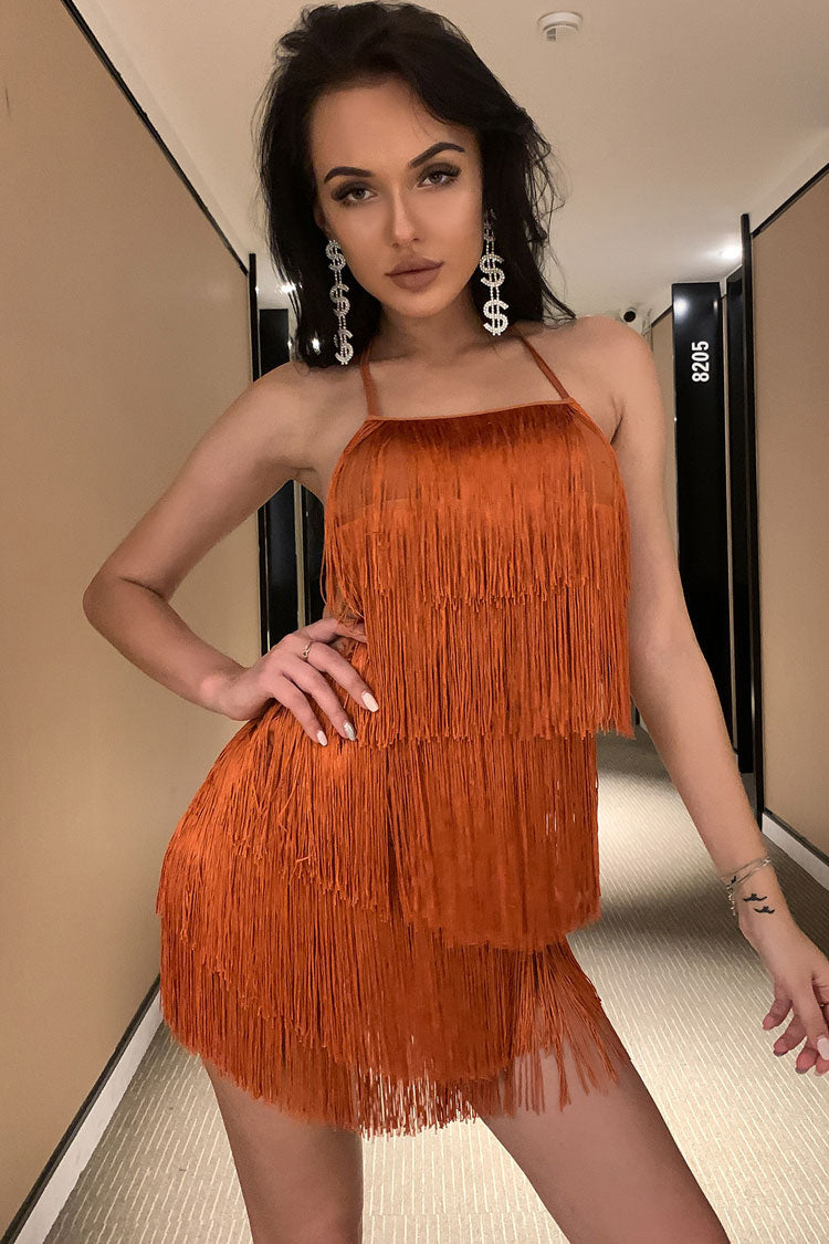 Brown Halter Neck Tiered Fringe Flapper Bodycon Mini Dress