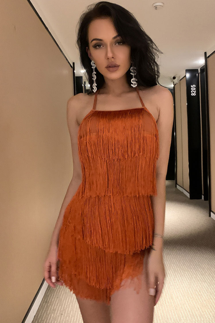 Brown Halter Neck Tiered Fringe Flapper Bodycon Mini Dress