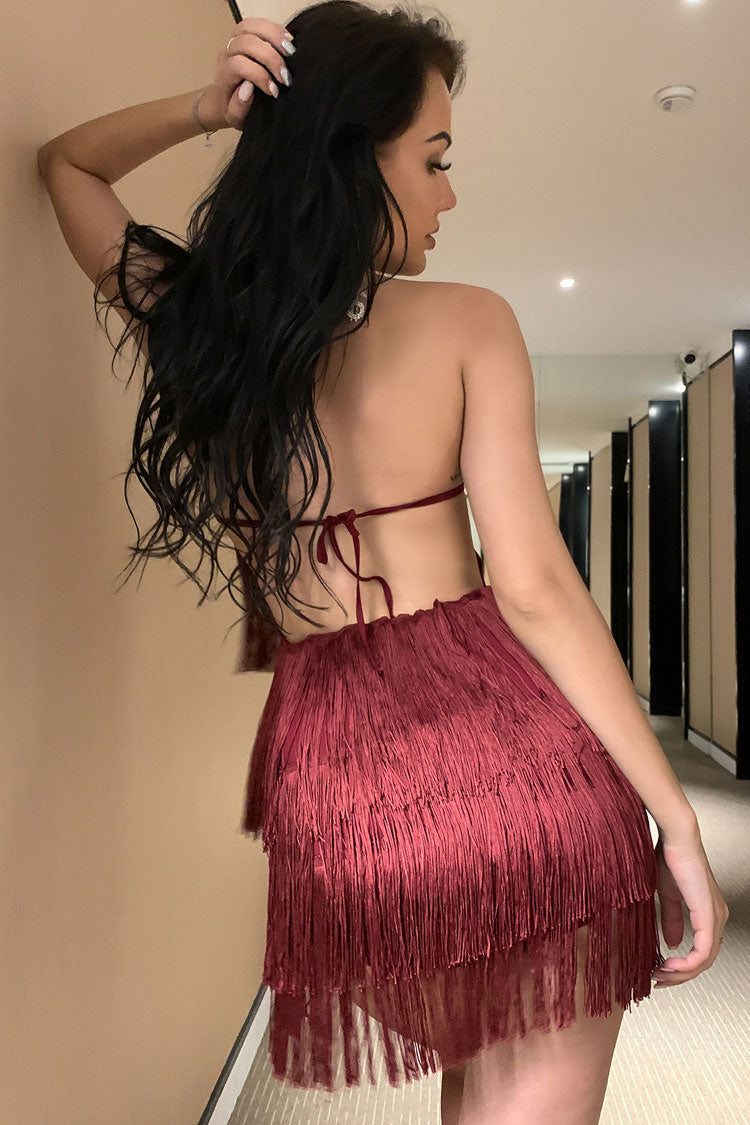 Wine Red Halter Neck Backless Tiered Tassel Fringe Flapper Mini Dress