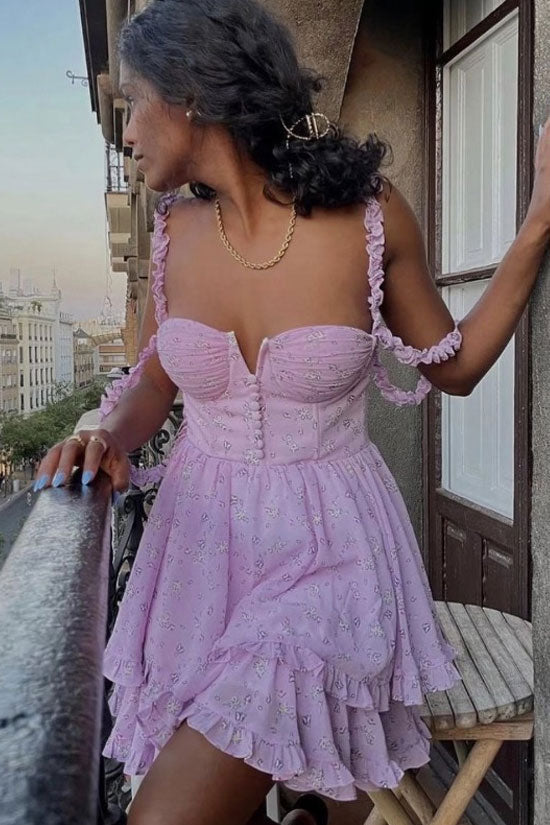 Lilac Sweetheart Ruffle Strap Floral Bustier Layered Ruffle A-Line Mini Dress