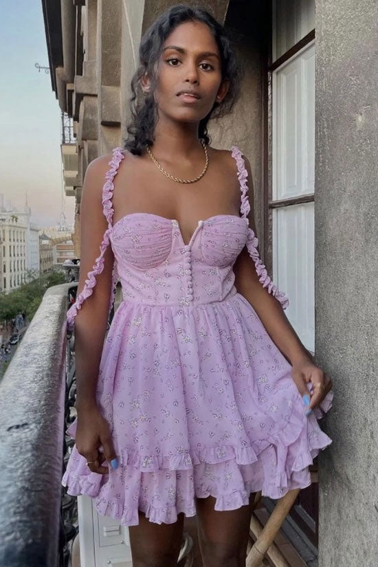 Lilac Sweetheart Ruffle Strap Floral Bustier Layered Ruffle A-Line Mini Dress