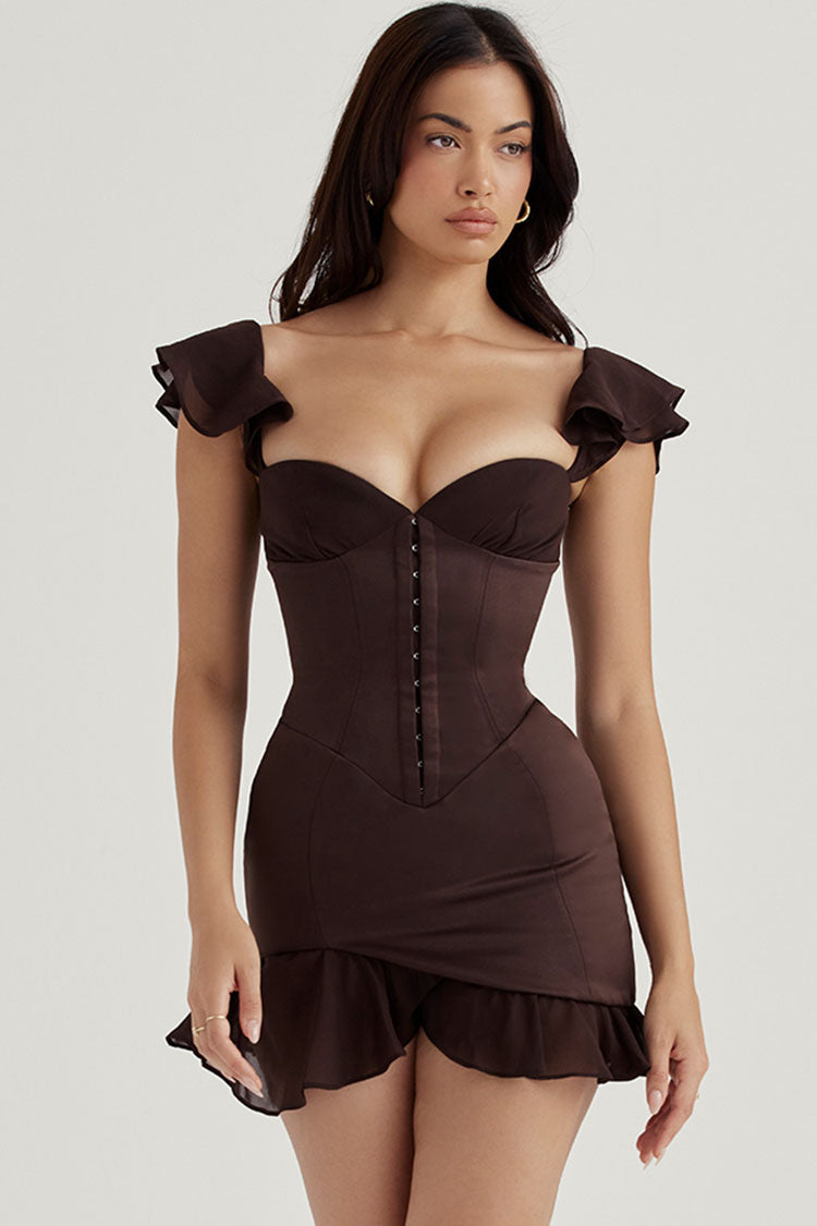 Chocolate Ruffle Strap Sweetheart Satin Corset Bustier Ruffle Hem Mini Dress