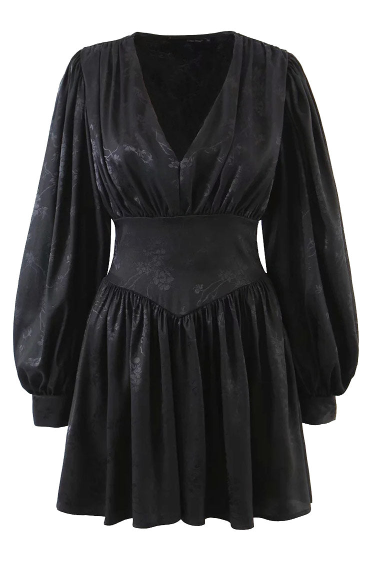 Black Plunge V-Neck Long Sleeve Jacquard Fit And Flare Mini Dress 2
