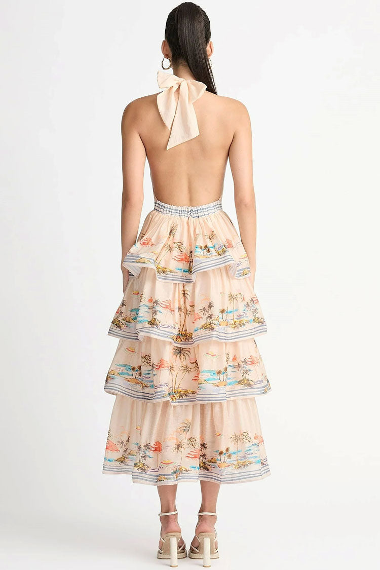 Cream Halter Plunge Neck Printed Tiered Ruffle Midi Dress