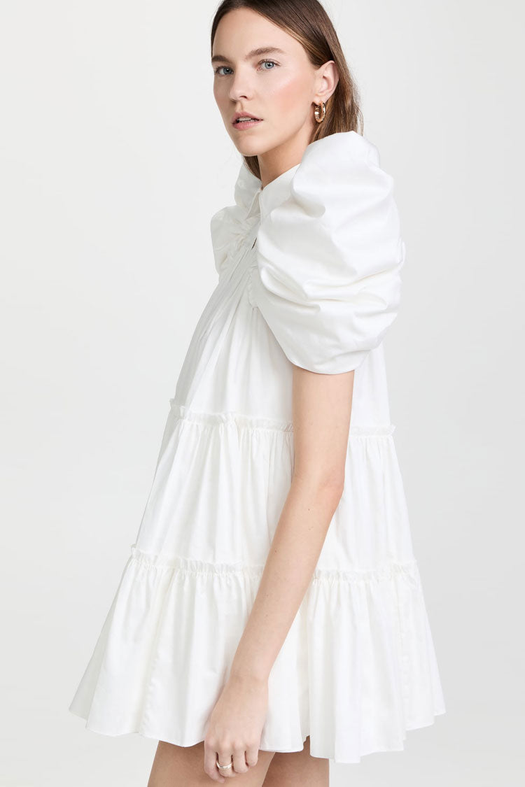 White Collared Puff Sleeve Button Front Tiered Babydoll Mini Dress
