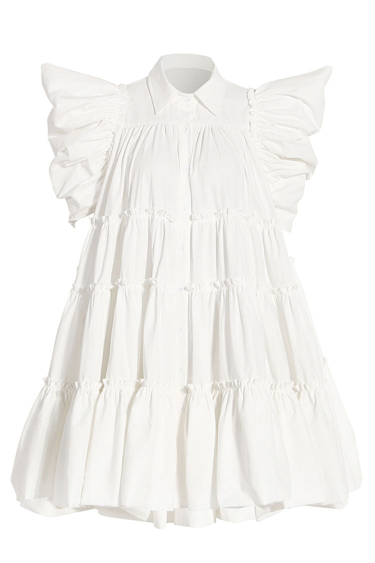White Collared Puff Sleeve Button Front Tiered Babydoll Mini Dress