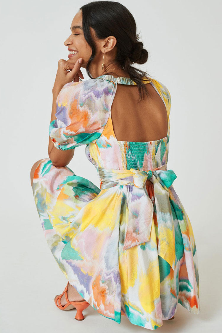 Multicolor Sweetheart Puff Sleeve Ruched Waist Fit and Flare Mini Dress