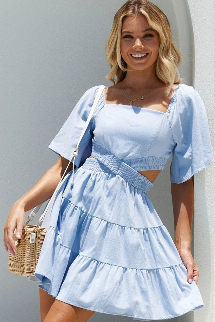 Light Blue Square Neck Puff Sleeve Smocked Cutout Tiered A-Line Mini Sundress