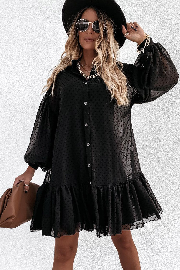 Black Swiss Dot Button Down Bishop Sleeve Ruffle Hem Babydoll Mini Dress