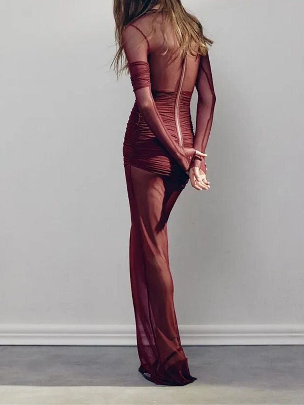 Mesh Long Sleeve Criss Cross Cut Out Ruched Overlay Sheer Skirt Maxi Dress 2