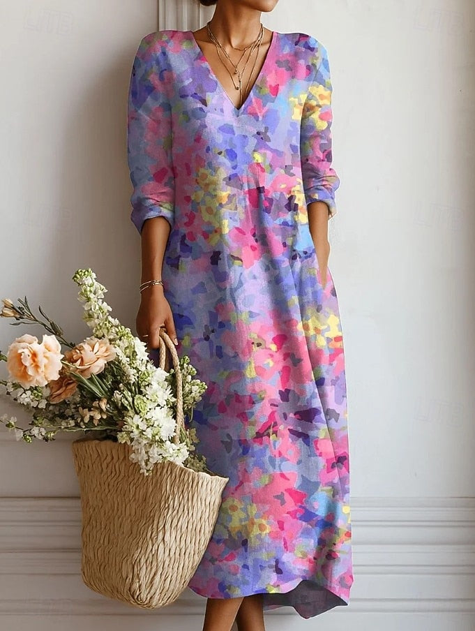 Purple V-Neck Long Sleeve Abstract Floral Shift Maxi Dress