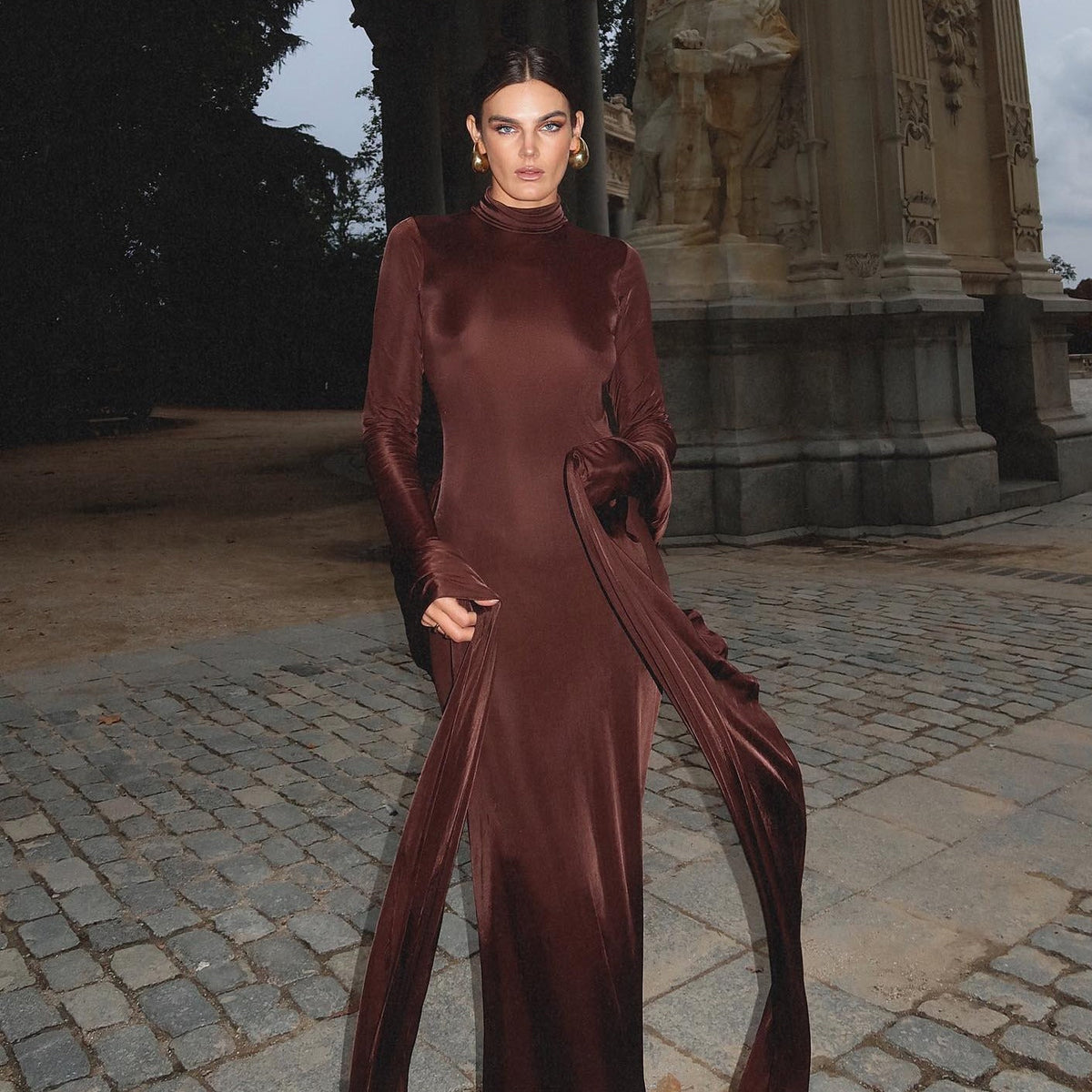 Turtleneck Long Sleeve Slinky Knot Front Bodycon Maxi Dress