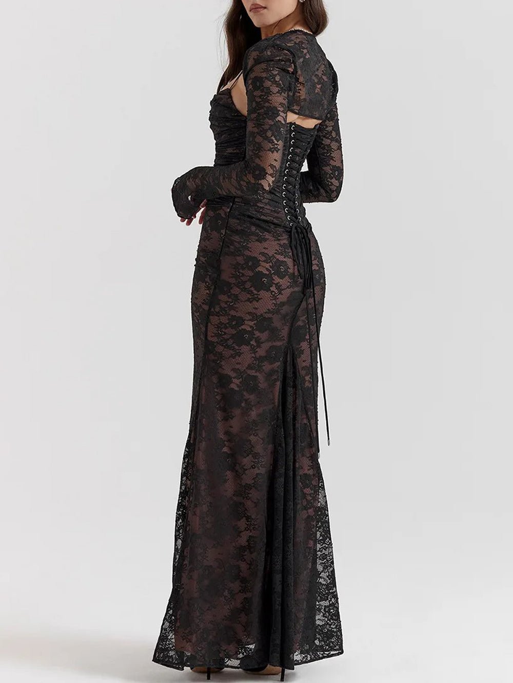 Lace Long Sleeve Bolero Overlay Ruched Spaghetti Strap Mermaid Maxi Dress 4