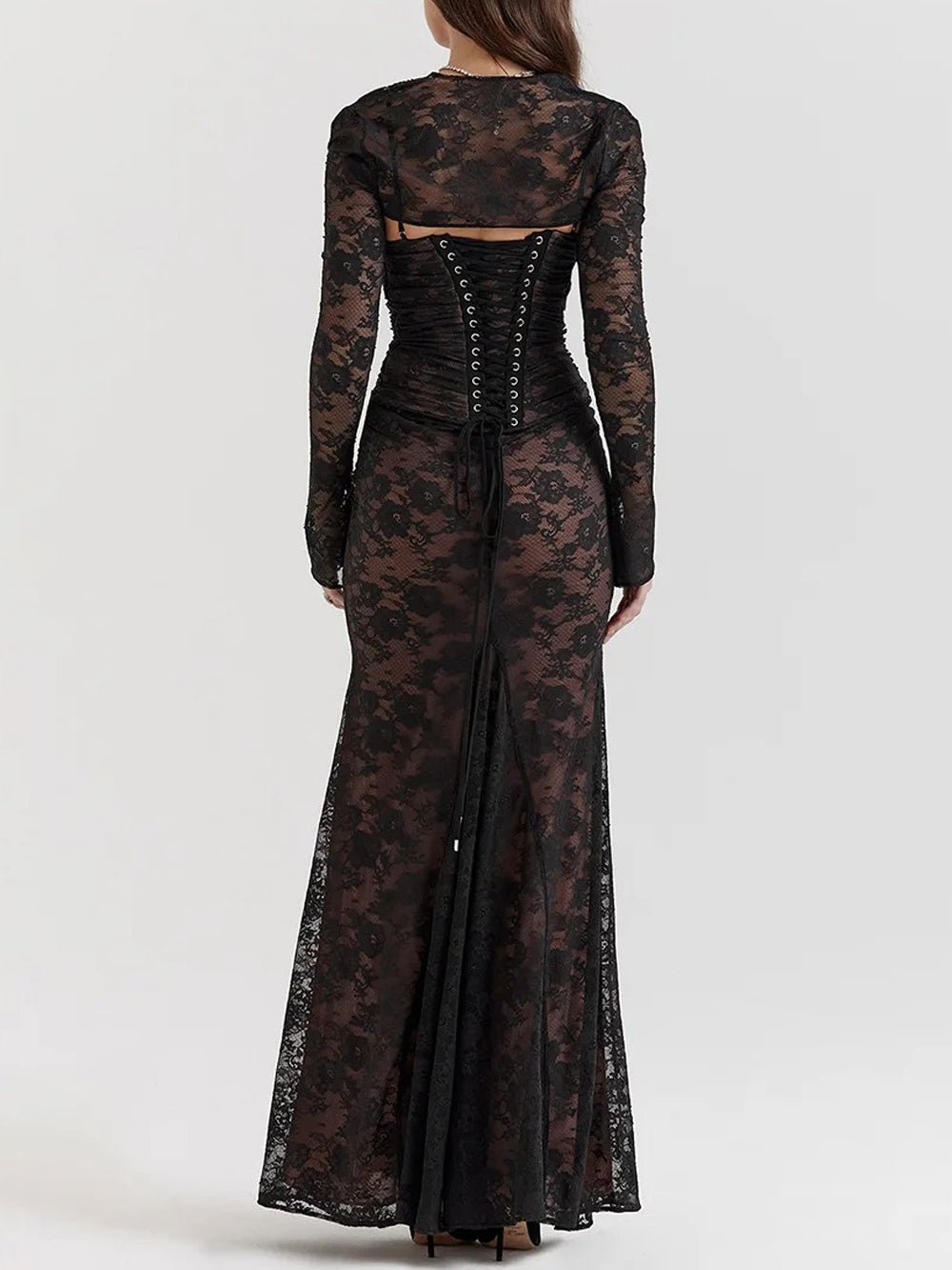 Lace Long Sleeve Bolero Overlay Ruched Spaghetti Strap Mermaid Maxi Dress 2