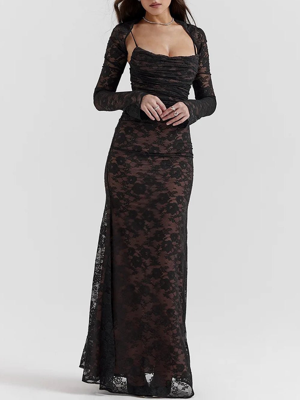 Lace Long Sleeve Bolero Overlay Ruched Spaghetti Strap Mermaid Maxi Dress 3