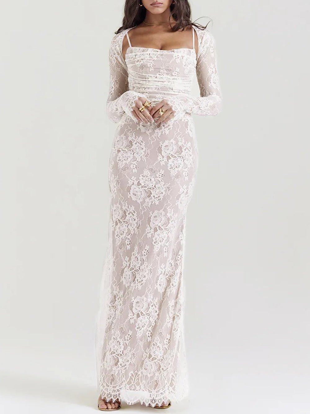Lace Long Sleeve Bolero Overlay Ruched Spaghetti Strap Mermaid Maxi Dress 9