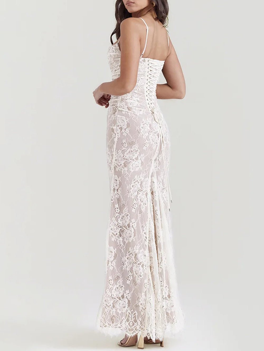Lace Long Sleeve Bolero Overlay Ruched Spaghetti Strap Mermaid Maxi Dress 8