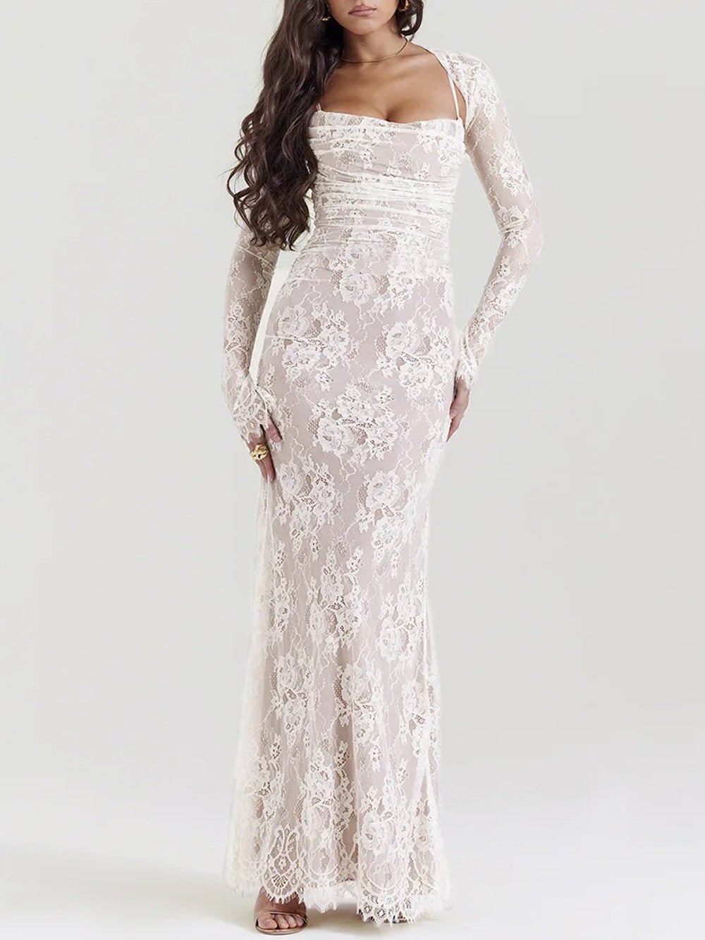 Lace Long Sleeve Bolero Overlay Ruched Spaghetti Strap Mermaid Maxi Dress 7