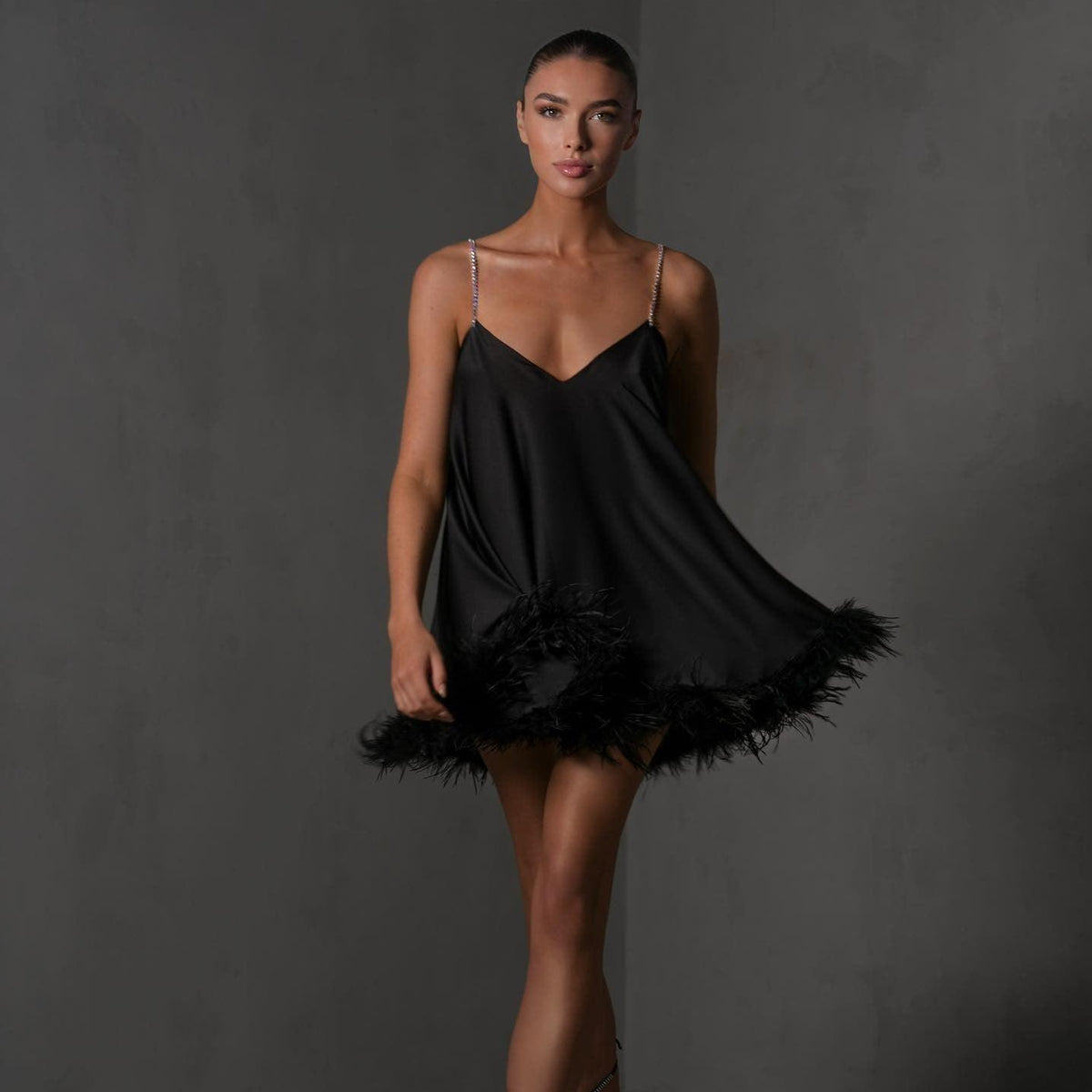 V-Neck Rhinestone Strap Satin Feather Trim Swing Mini Dress 7