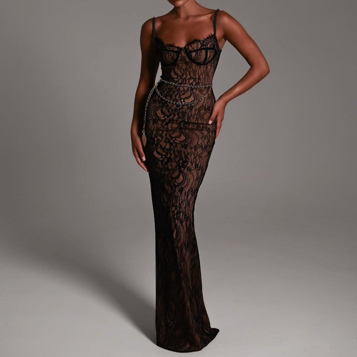 Spaghetti Strap Lace Underwire Chain Belt Bodycon Maxi Dress