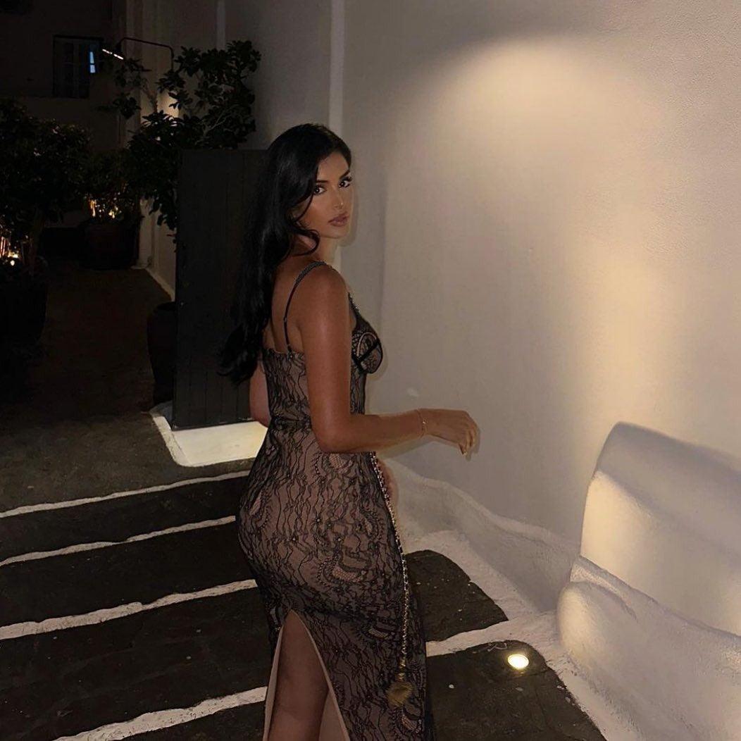 Spaghetti Strap Lace Underwire Chain Belt Bodycon Maxi Dress