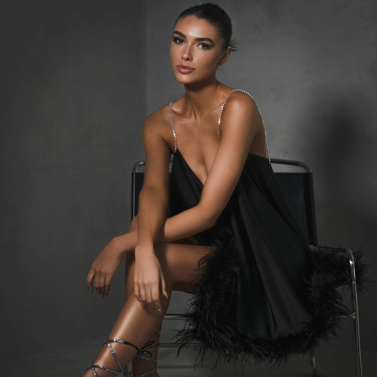 V-Neck Rhinestone Strap Satin Feather Trim Swing Mini Dress 9