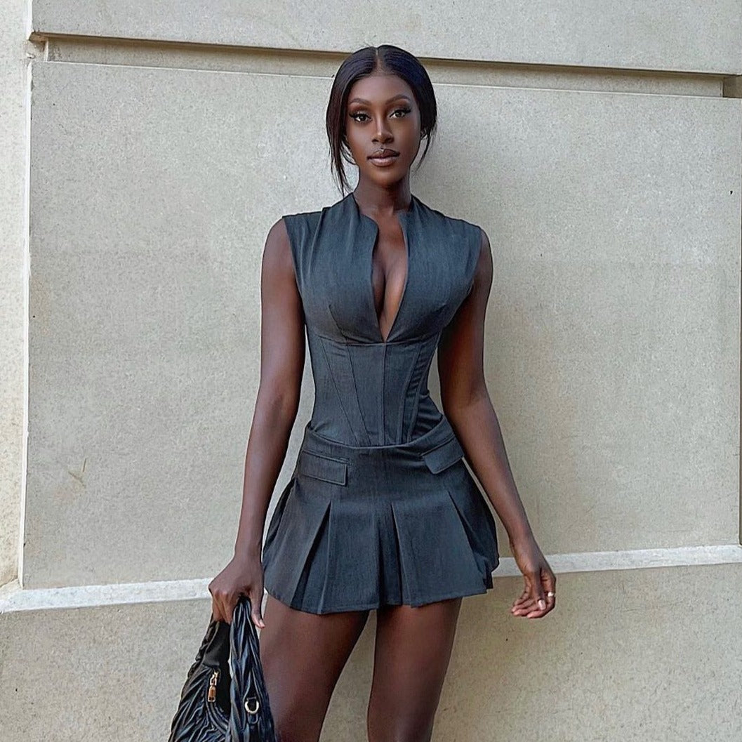Gray Zip Front Sleeveless Corset Pleated Bodycon Mini Dress