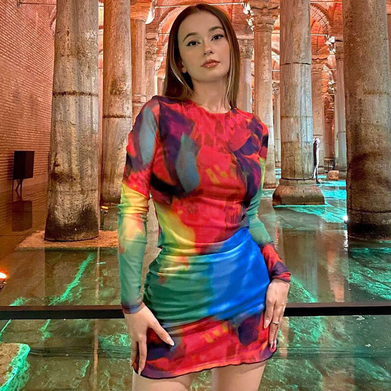 Multicolor Crew Neck Long Sleeve Tie Dye Print Bodycon Mini Dress