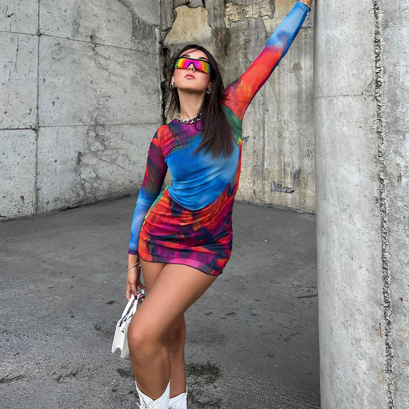Multicolor Crew Neck Long Sleeve Tie Dye Print Bodycon Mini Dress
