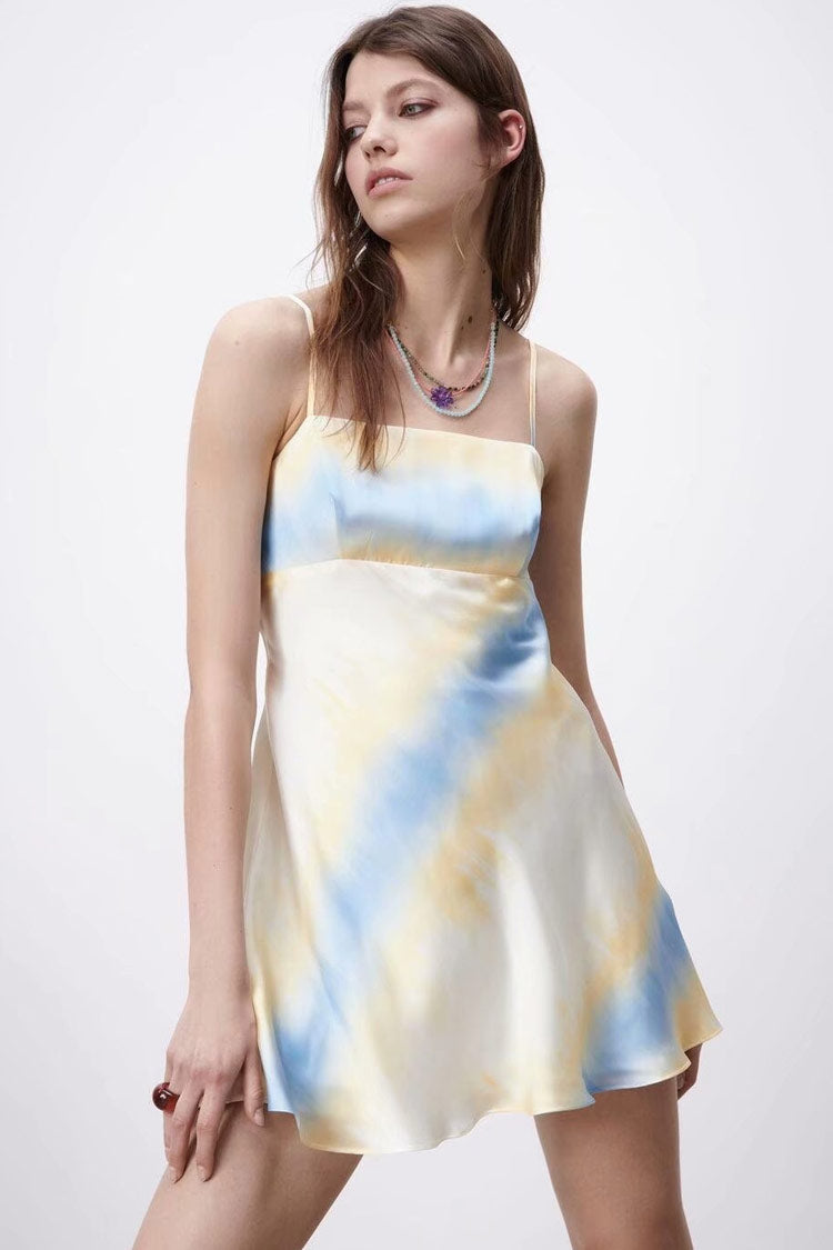 Yellow Spaghetti Strap Square Neck Tie-Dye Satin A-Line Slip Mini Dress