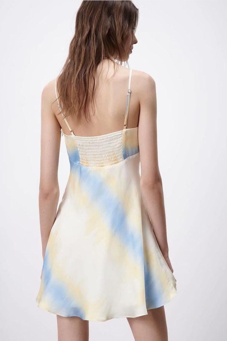 Yellow Spaghetti Strap Square Neck Tie-Dye Satin A-Line Slip Mini Dress