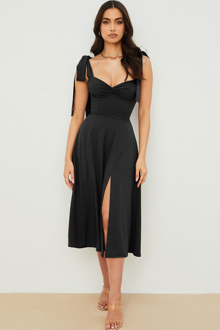 Black Sweetheart Tie Strap Twist Front High Slit Fit Flare Midi Dress