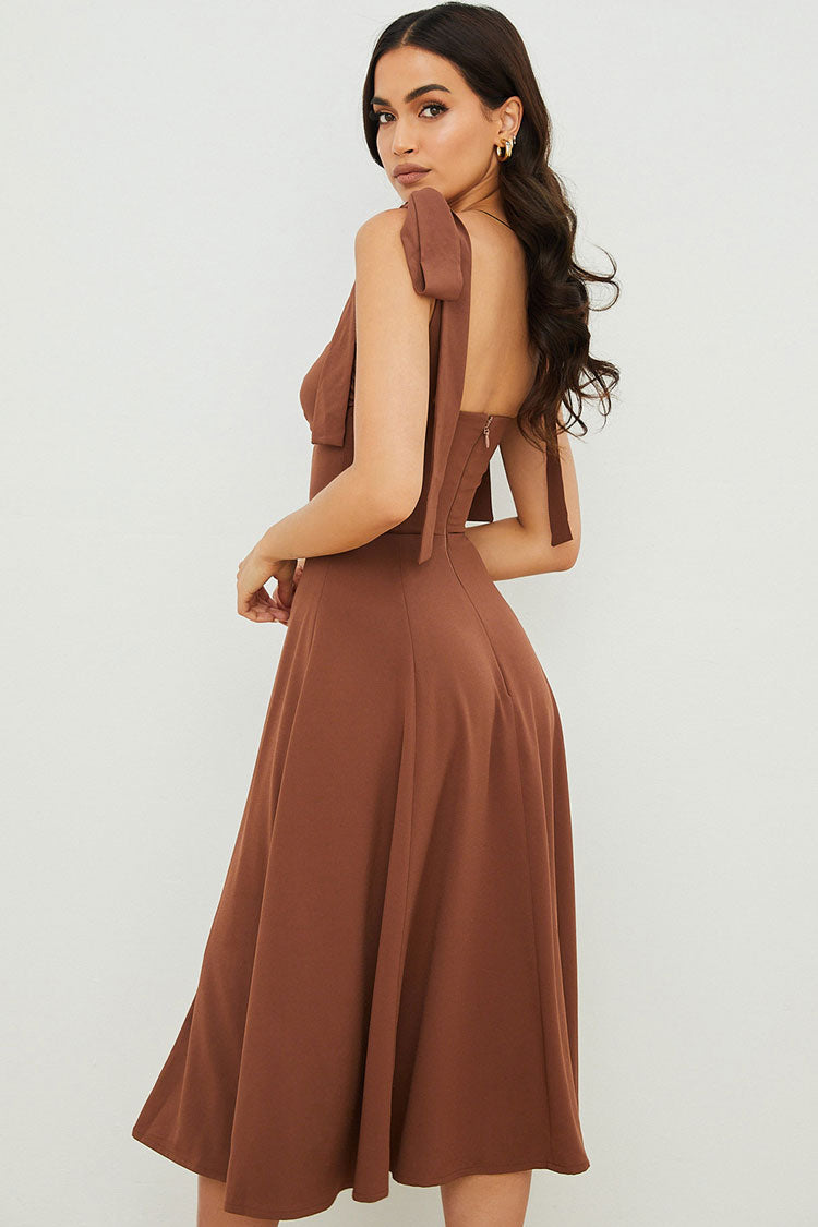 Chocolate Sweetheart Tie Strap Twist Front High Slit Fit Flare Midi Dress