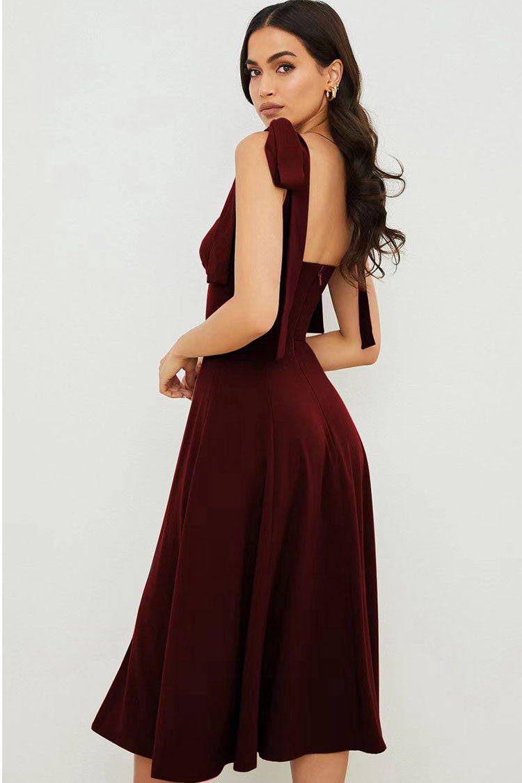 Dark Wine Tie Strap Sweetheart Twist Front High Slit Flare Midi Dress