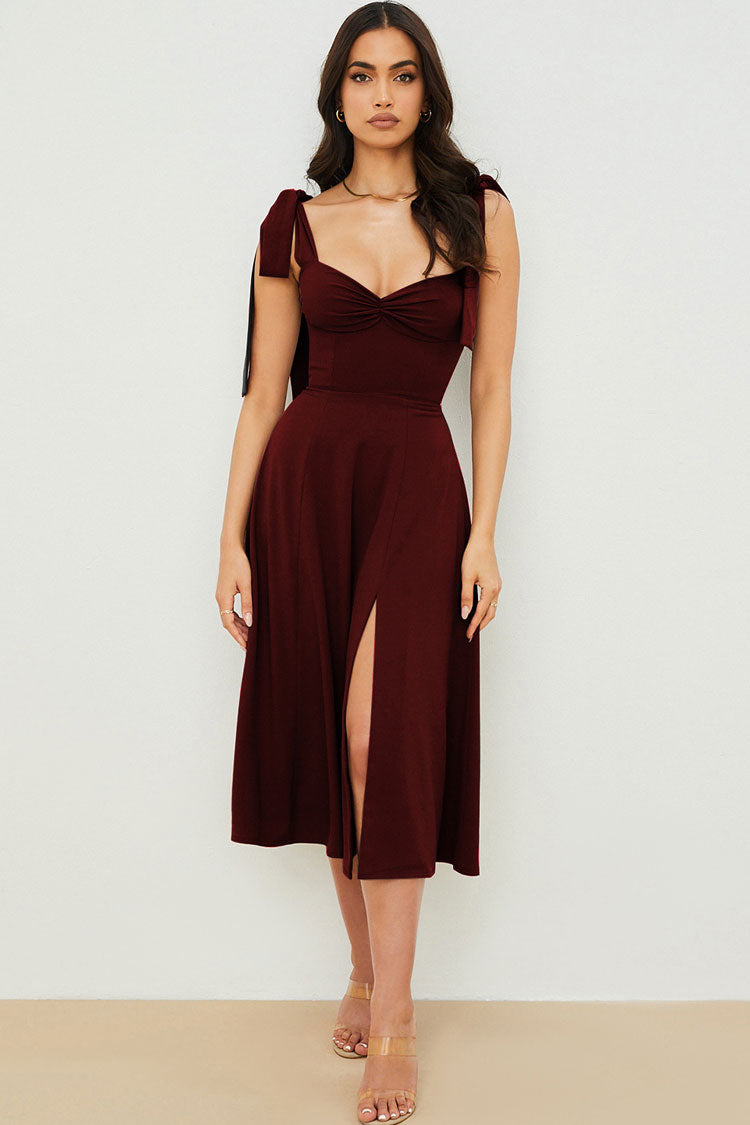 Dark Wine Tie Strap Sweetheart Twist Front High Slit Flare Midi Dress